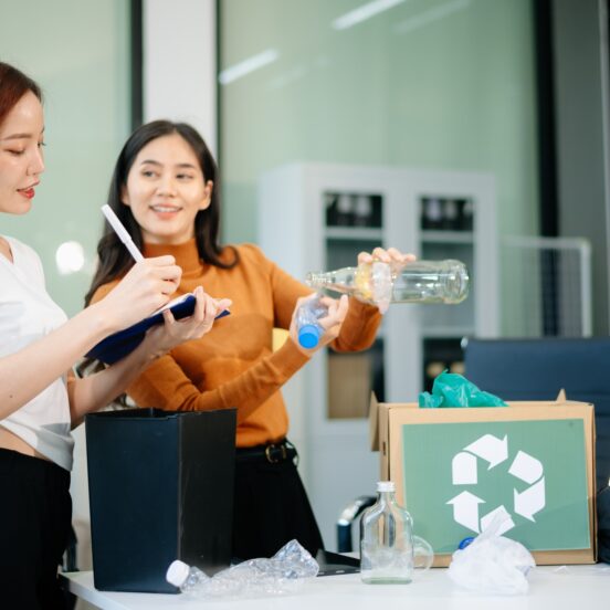 Eco friendly teamwork with this office recycling scene. Perfect for showcasing sustainability,