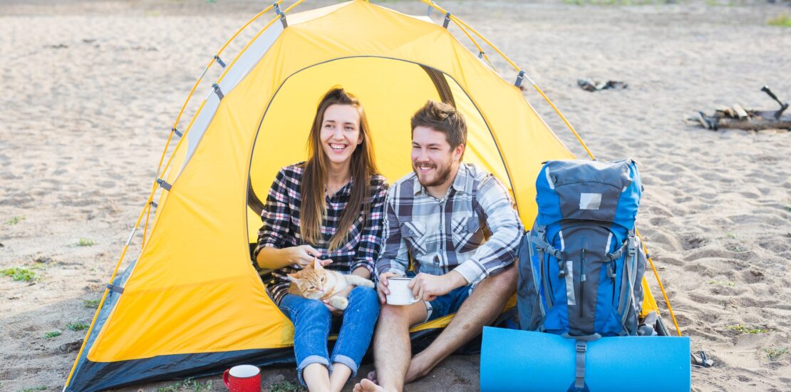People, tourism and nature concept - Cute couple sitting with a cat in yellow tent