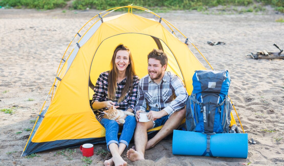 People, tourism and nature concept - Cute couple sitting with a cat in yellow tent