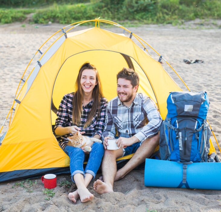 People, tourism and nature concept - Cute couple sitting with a cat in yellow tent