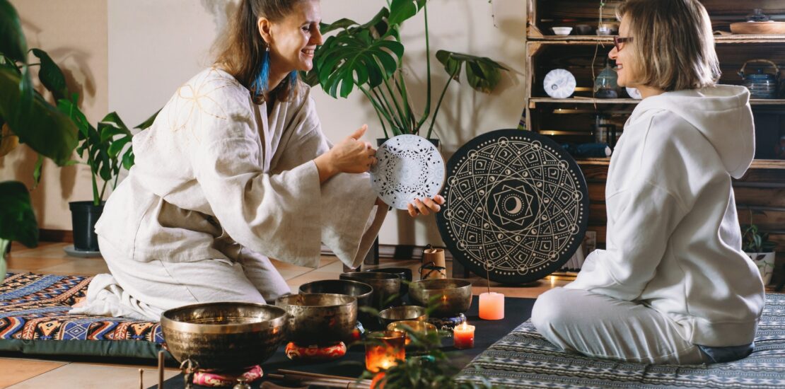 Sound healing with singing bowls, percussion music. Mental health