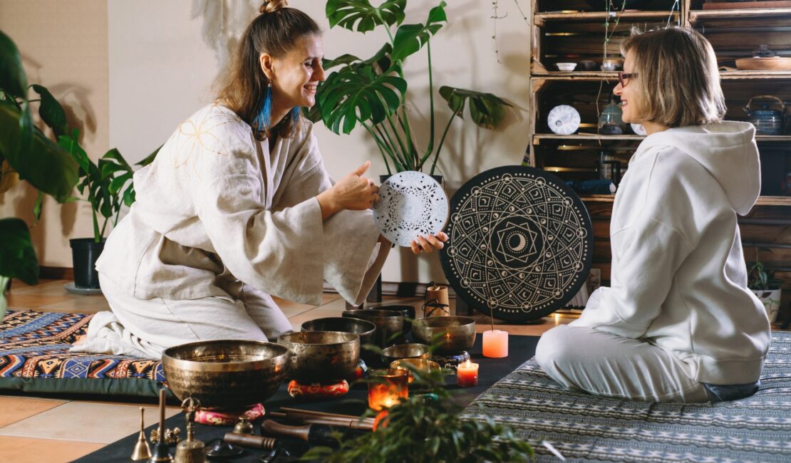 Sound healing with singing bowls, percussion music. Mental health
