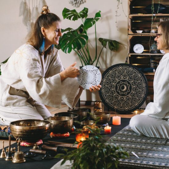 Sound healing with singing bowls, percussion music. Mental health