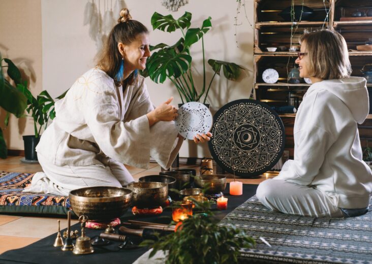 Sound healing with singing bowls, percussion music. Mental health