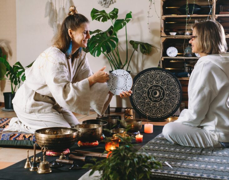 Sound healing with singing bowls, percussion music. Mental health