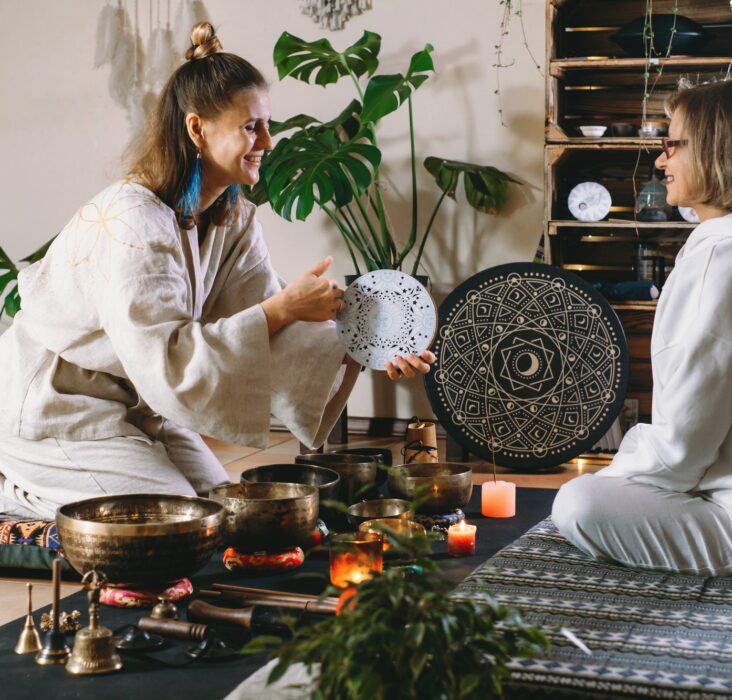 Sound healing with singing bowls, percussion music. Mental health
