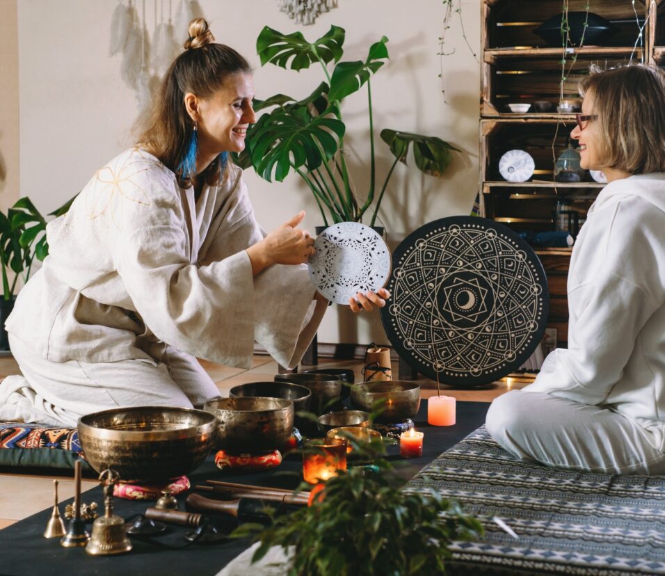 Sound healing with singing bowls, percussion music. Mental health